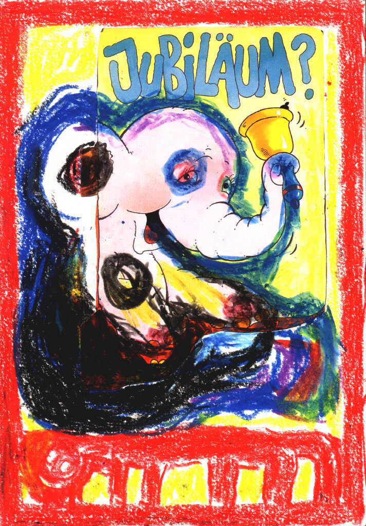Bachmayer Hans MatthÃ¤us 
aus "Konzert der 510 GlÃ¼ckwunschkarten", 1996
Pastell, Collage / BÃ¼tten
21 x 14 cm