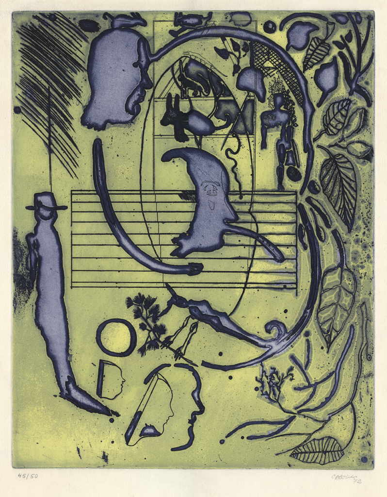 Castillo Jorge 
"Der Dichter kommt in Hauchnah an", 1972
grabado / papel hecho a mano
Plattengröße 60 x 50 cm Papiergröße 76 x 56 cm