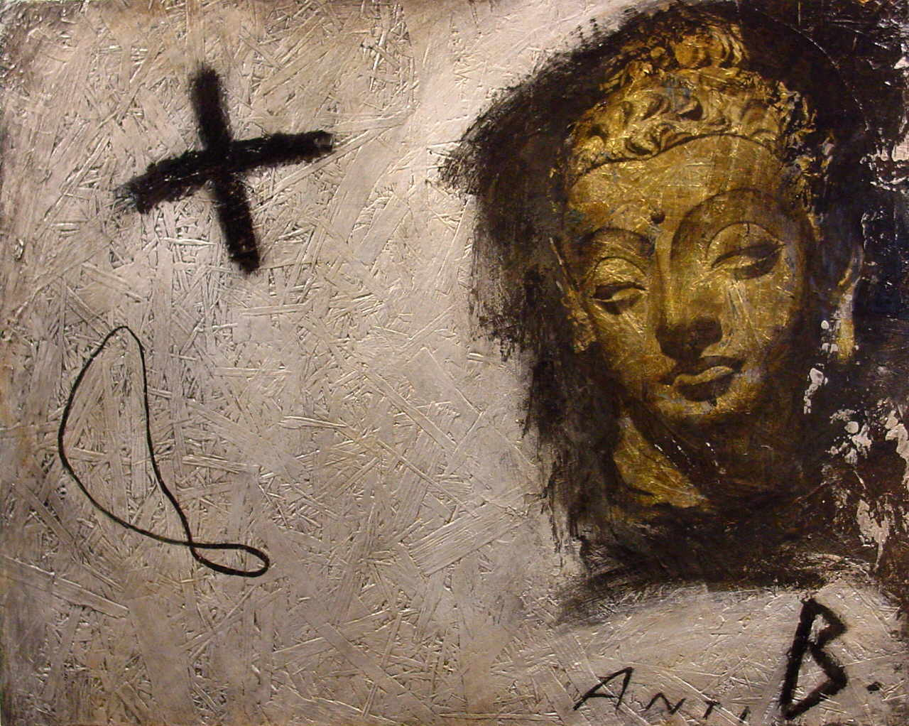 Dewitt Zos 
"Buddha", 2002
Laserbedruckte Transparentfolie, Schlagmetall and Acrylic on OSB
49 x 62 cm