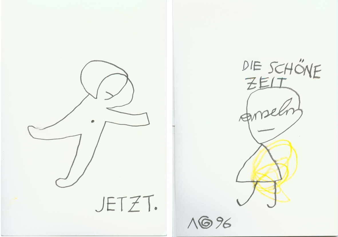 GlÃ¼ck Anselm 
aus "Konzert der 510 GlÃ¼ckwunschkarten", 1996
Bleistift, Buntstift / BÃ¼tten
2 * 21 x 14 cm