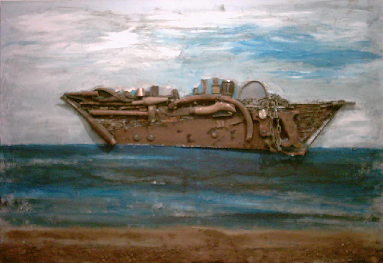 Manolis Vangelis 
untitled, 2002
oil, Sand, Assemblage / Canvas
90 x 130 cm