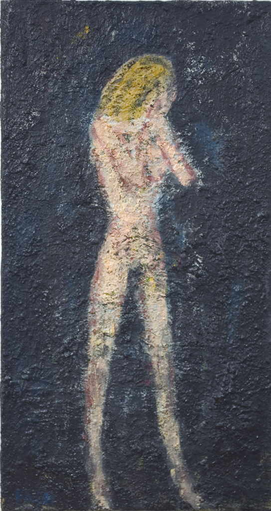 Melichar Ferdinand 
"Eine Blondine spielt verstecken", 2004
Ã–l / Leinwand
96 x 51 cm