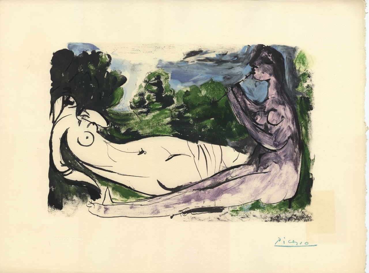 Picasso Pablo 
"Femme nue et joueuse de flÃ»te", 1932
Pochoir litografÃ­a en partes colorado a mano
48 x 62 cm
