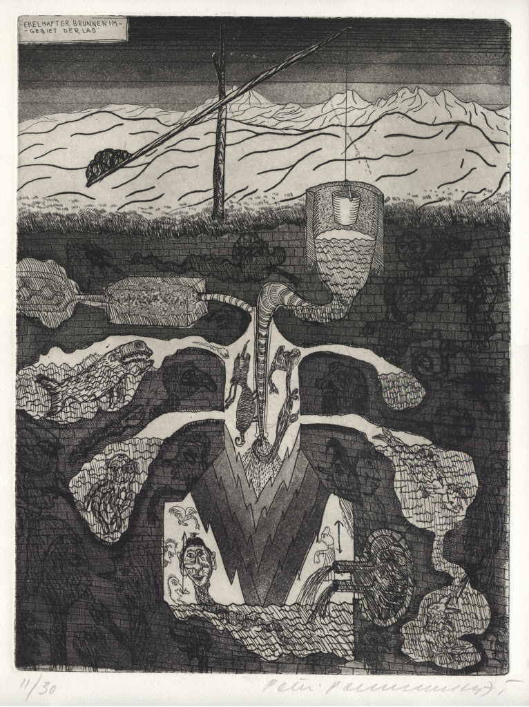 Pongratz Peter 
aus der Mappe "GroÃŸe Schweinfurther Chloralytik", "Ekelhafter Brunnen", 1975
grabado
PlattengrÃ¶ÃŸe 32 x 25 cm BlattgrÃ¶ÃŸe 41,5 x 34 cm