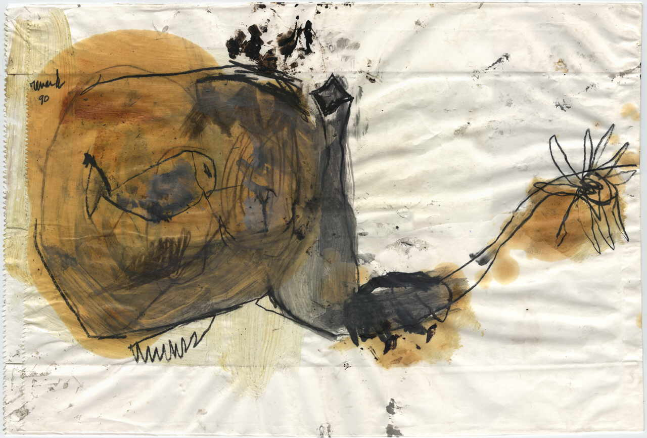 Renard Emmanuelle 
Ohne Titel, 1990
Mischtechnik / Papiersack
42 x 62 cm