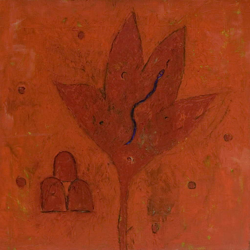 Sapere Horacio 
"Gran hoja roja con habitante", 1993
tÃ©cnica mixta / tela
90 x 90 cm