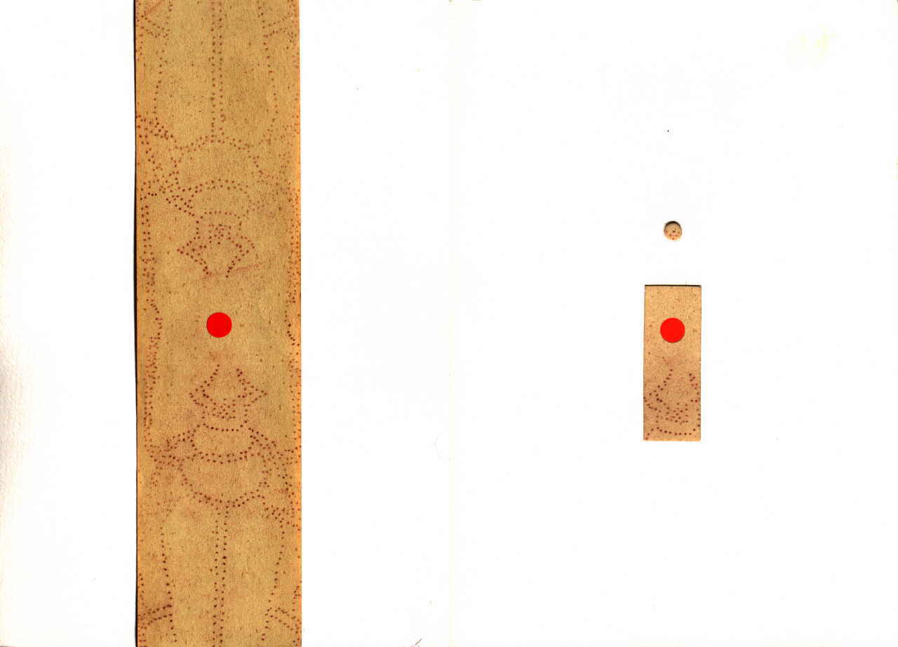 Tscherni Martina 
aus "Konzert der 510 GlÃ¼ckwunschkarten", 1996
mixed media / handmade paper
2 * 21 x 14 cm
