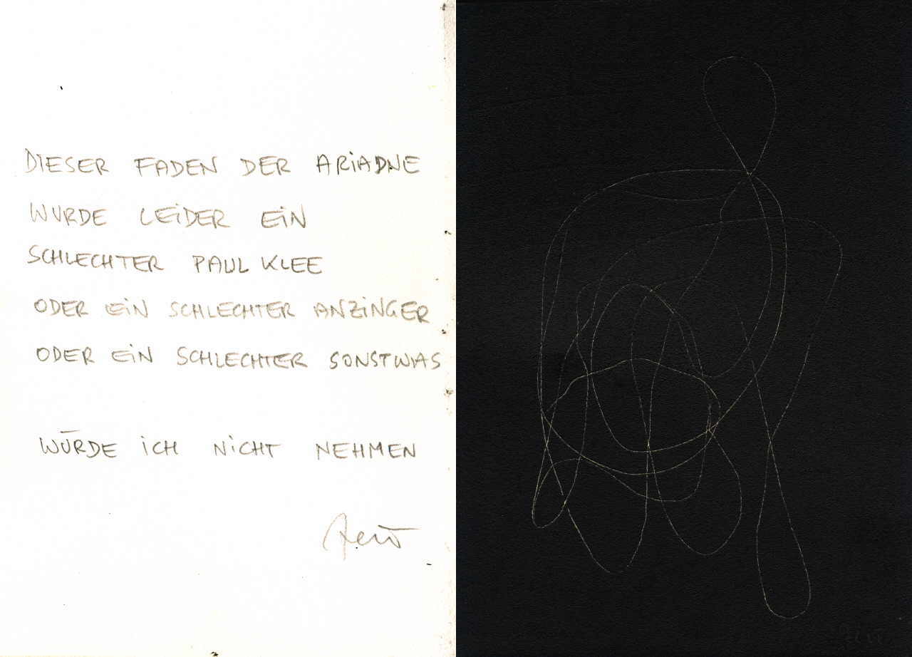Zein Kurt 
aus "Konzert der 510 Glückwunschkarten", 1996
unikate Radierung, Bleistift / Bütten
2* 21 x 14 cm